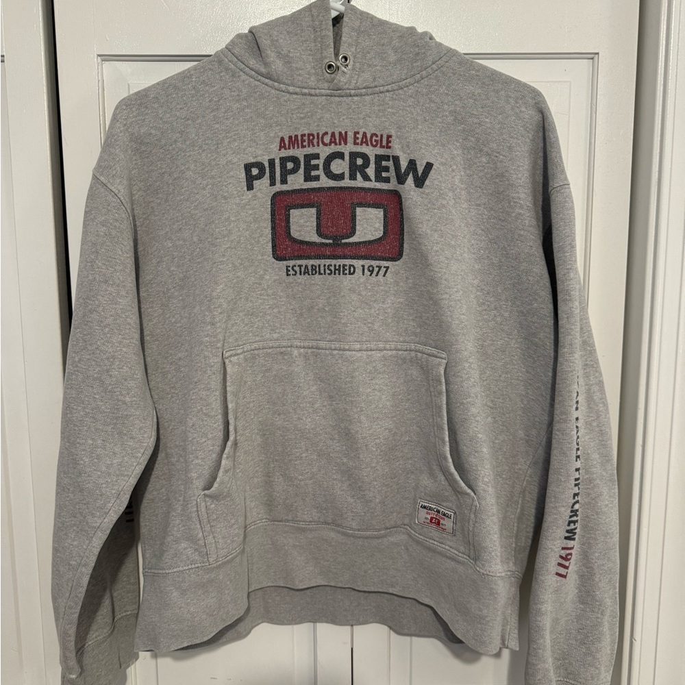 American Vintage Men's Grey and Burgundy Hoodie Size S